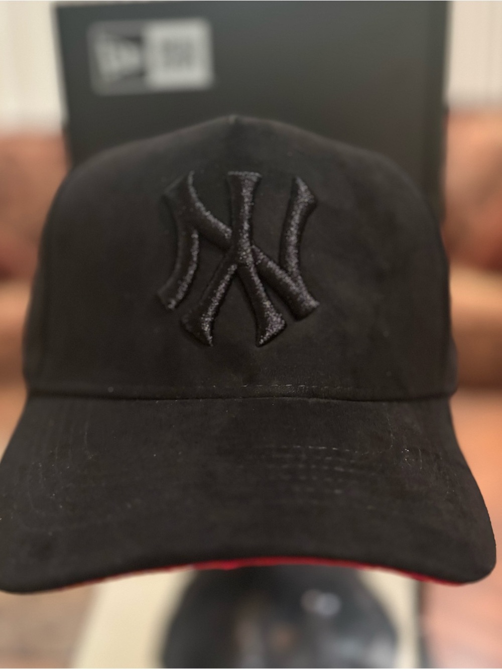 New York Yankees All Black Suede SnapBack Hat With Red Under Visor
